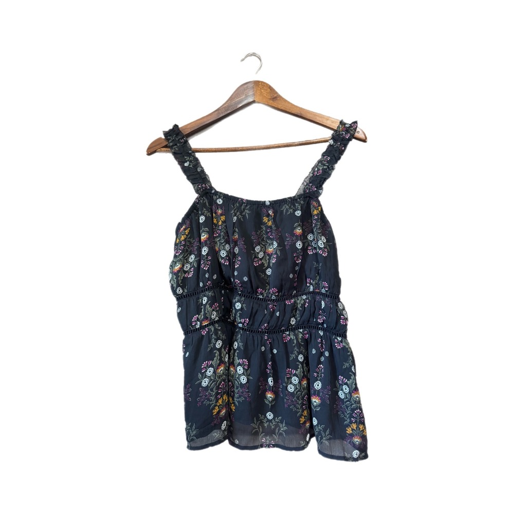 Old Navy Floral Blouse Womens Large Navy Blue Excellent Smocked Ruffle Top